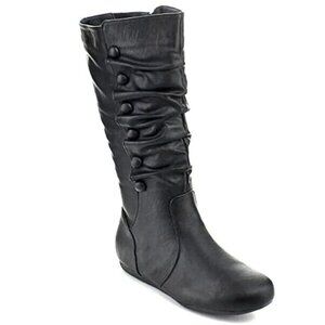Ruched Wrinkle Design Mid-Calf Stitching Studded Detail Narrow Fit Flat Boot
